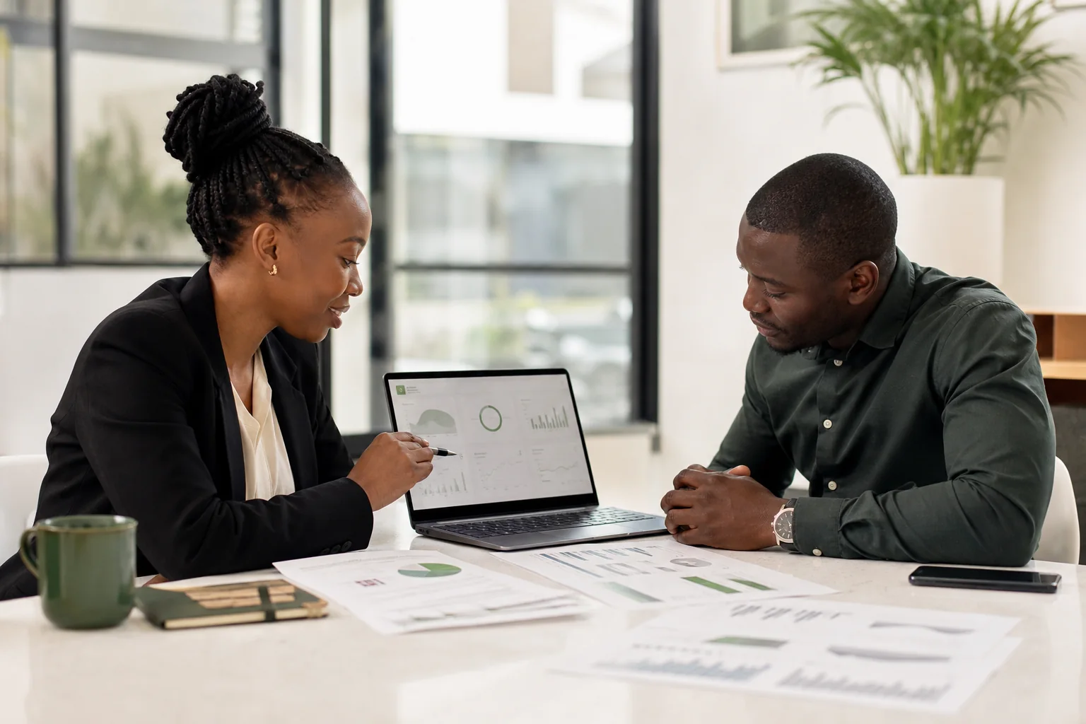 Business adviser reviewing financial performance with a client