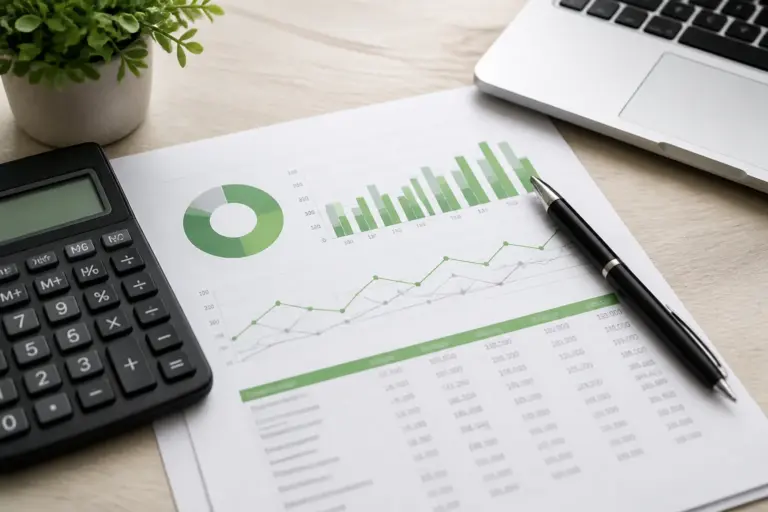 Financial report, calculator and laptop on a desk