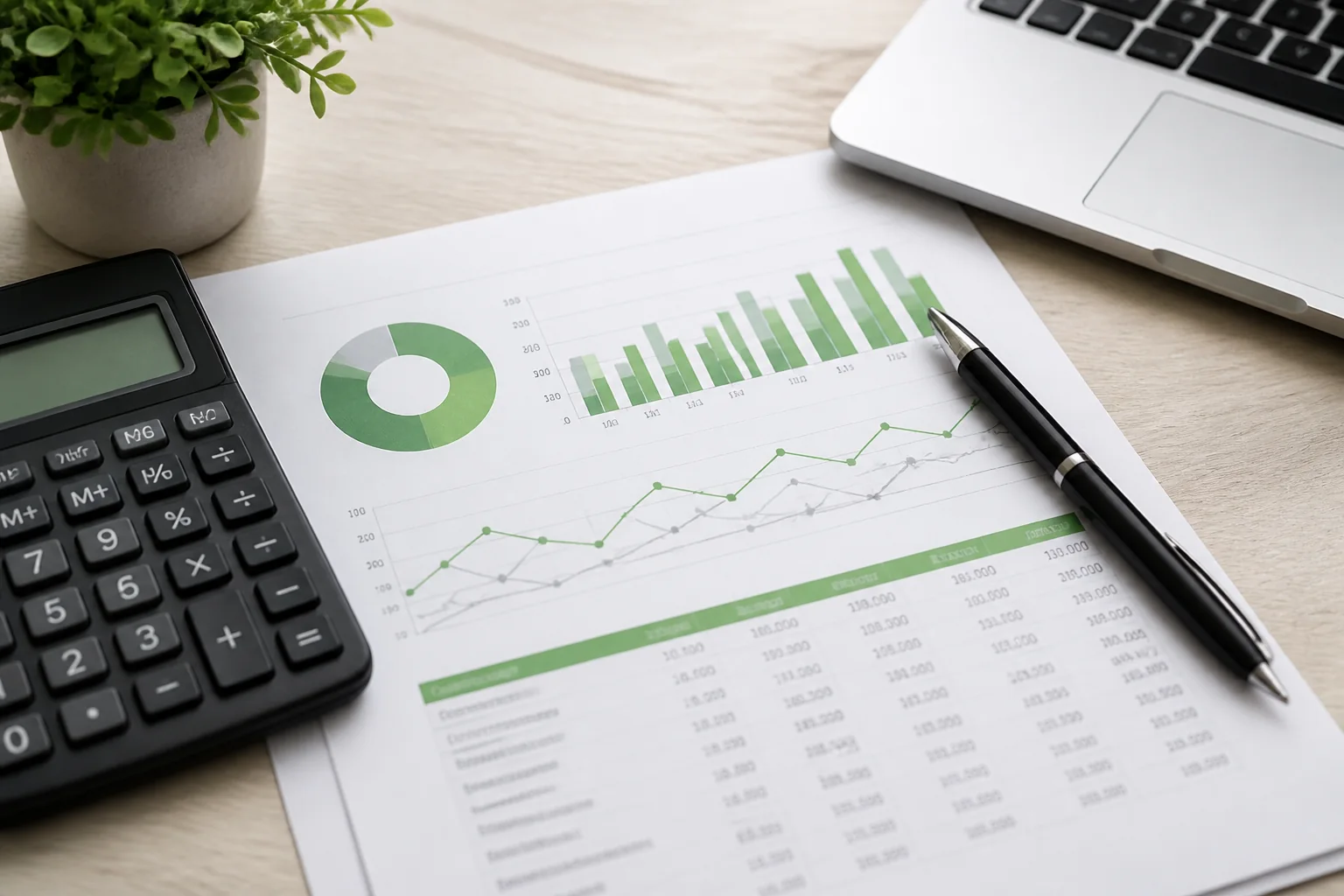Financial report, calculator and laptop on a desk