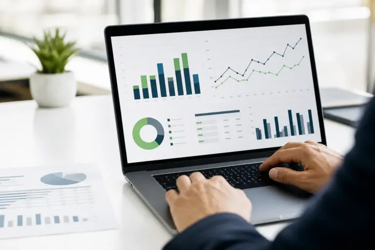 Business performance dashboard displayed on a laptop